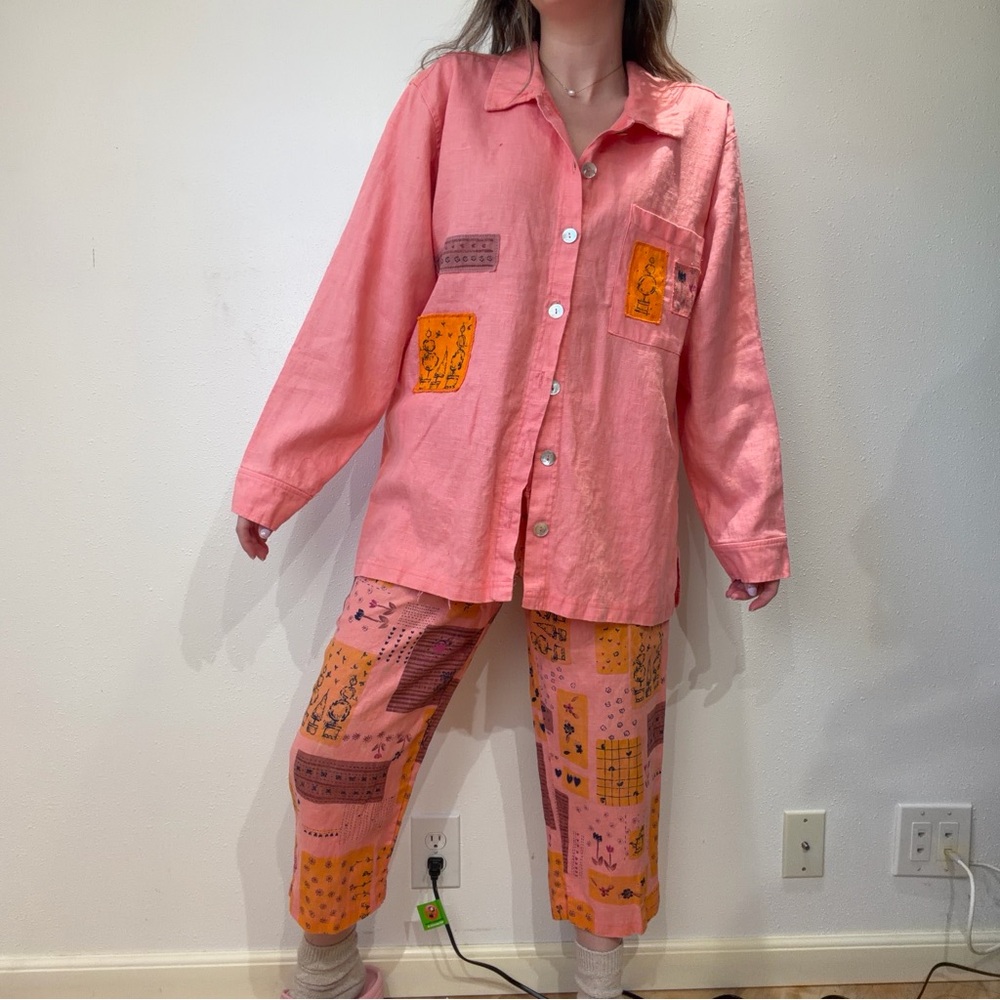 Vintage Patchwork Linen Pants Set - image 3